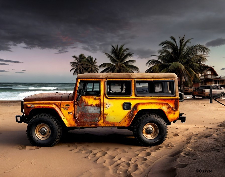 Rusty yellow off-road vehicle on sandy beach with palm trees and stormy skies