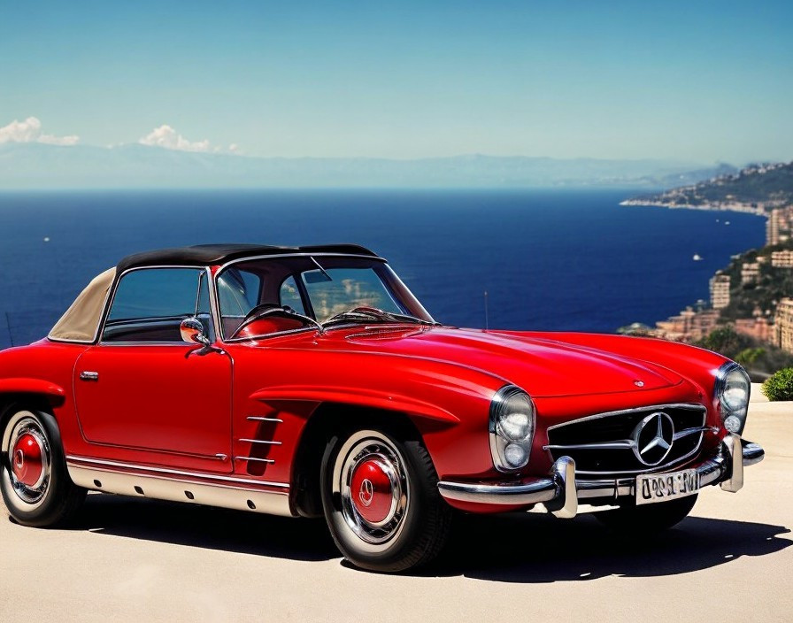 Red Mercedes-Benz 300 SL Roadster by the Coastline