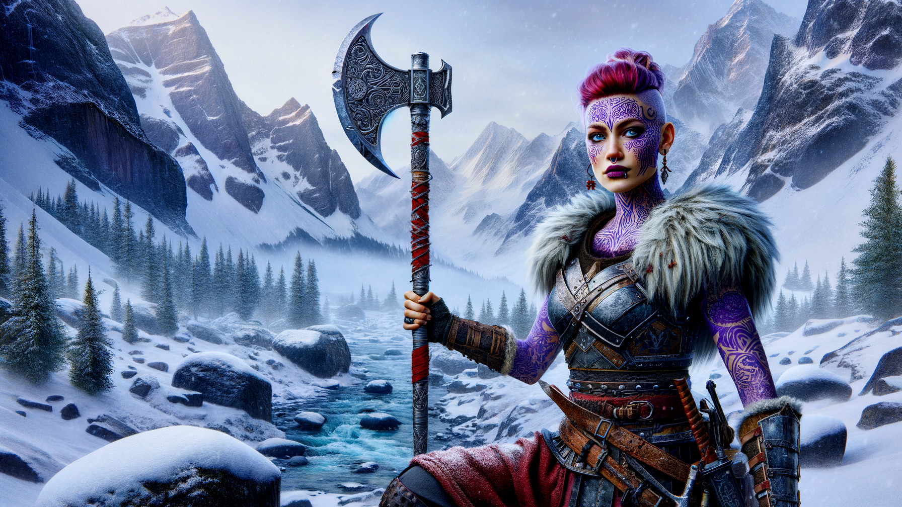 Fierce Warrior in Snowy Landscape with Battle Axe