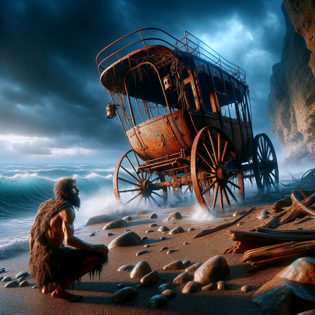 Desolate beach with weathered figure and rusted carriage