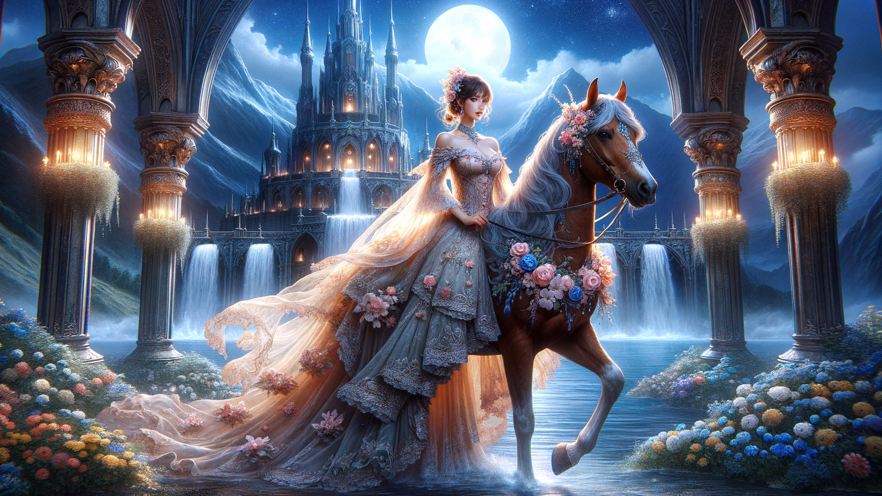 Fantasy Scene with Woman, Horse, and Moonlit Castle
