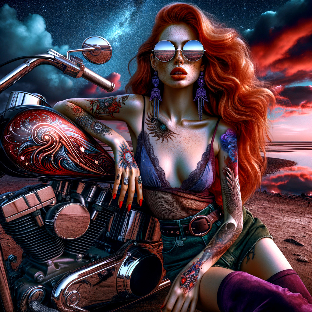 Woman with Red Hair and Tattoos by Motorcycle