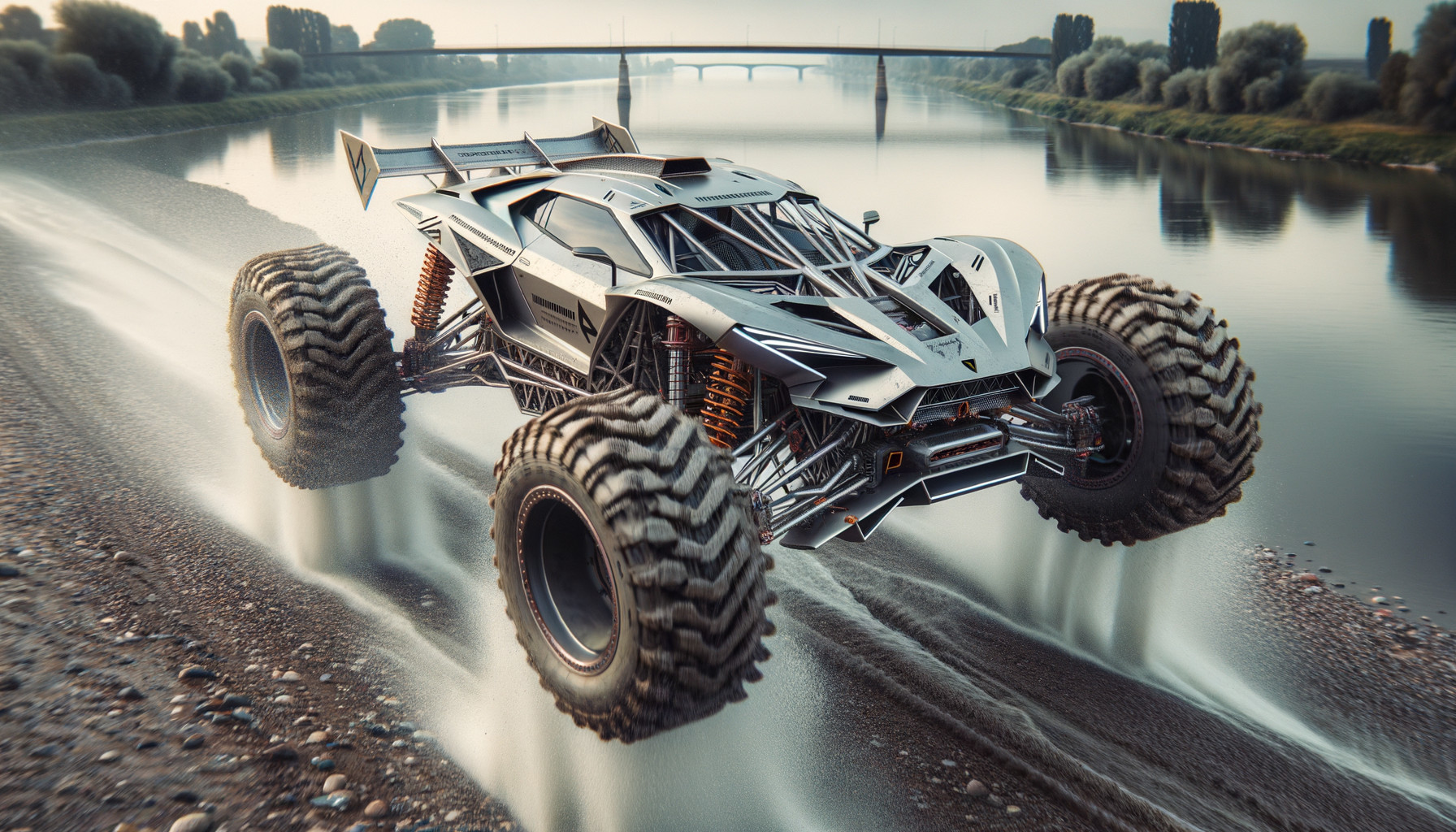Futuristic Off-Road Vehicle Jumping Over Riverbank