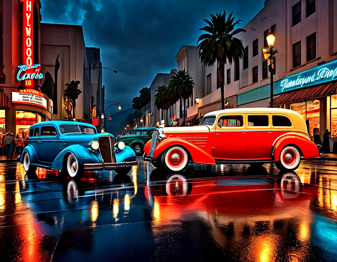 Vintage Cars on Rain-Soaked Street with Neon Lights