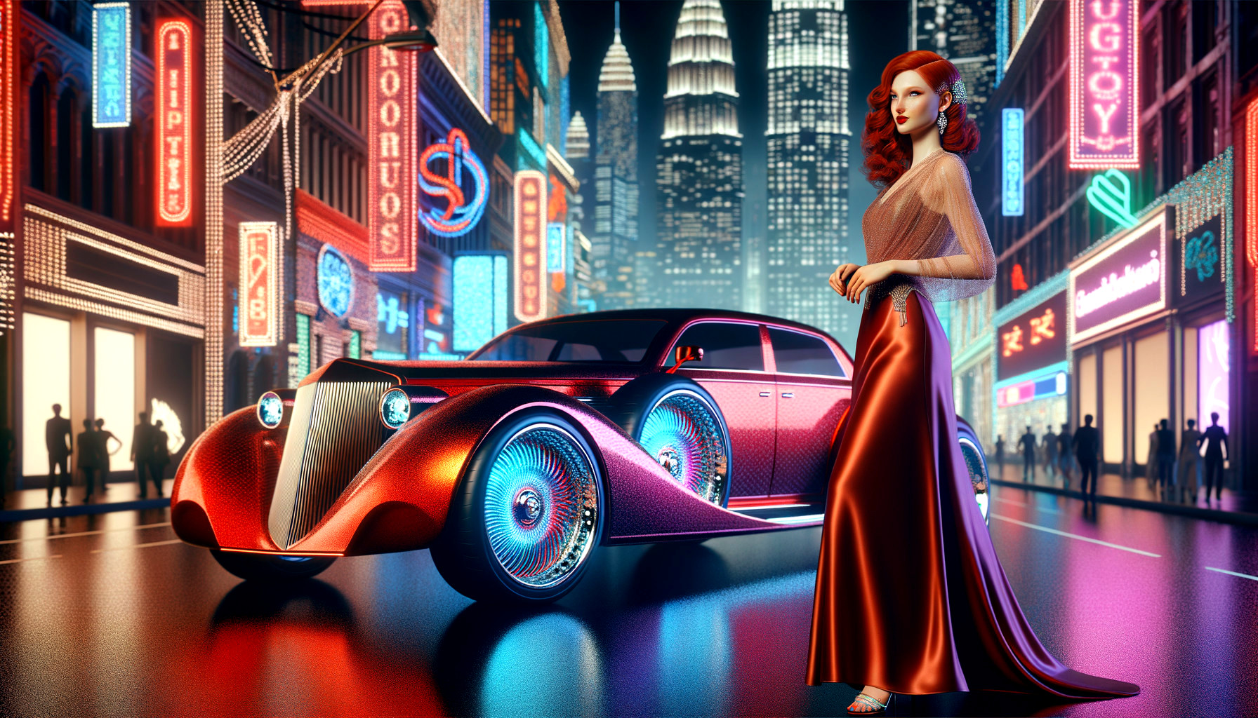 Glamorous Woman in Red Gown by Vintage Car in Cityscape