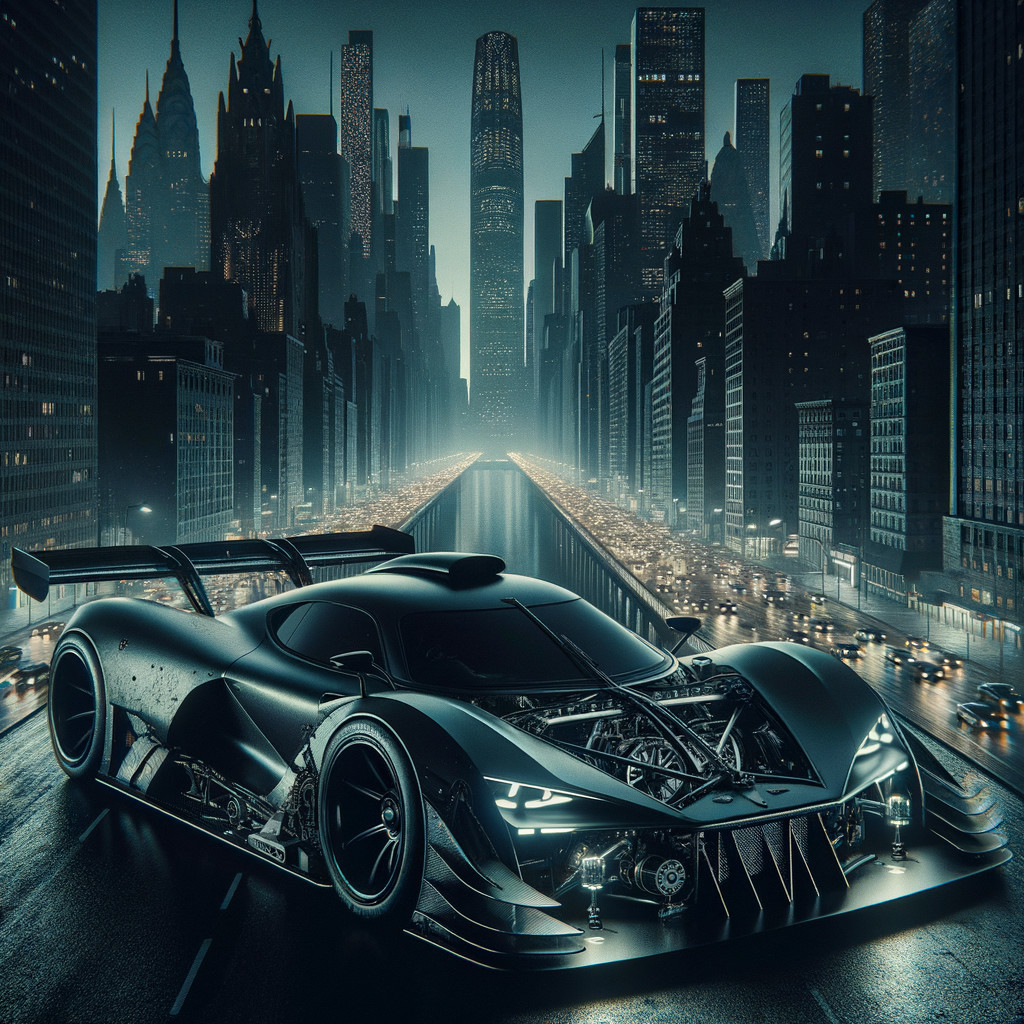 Futuristic Supercar on Wet Urban Street at Night