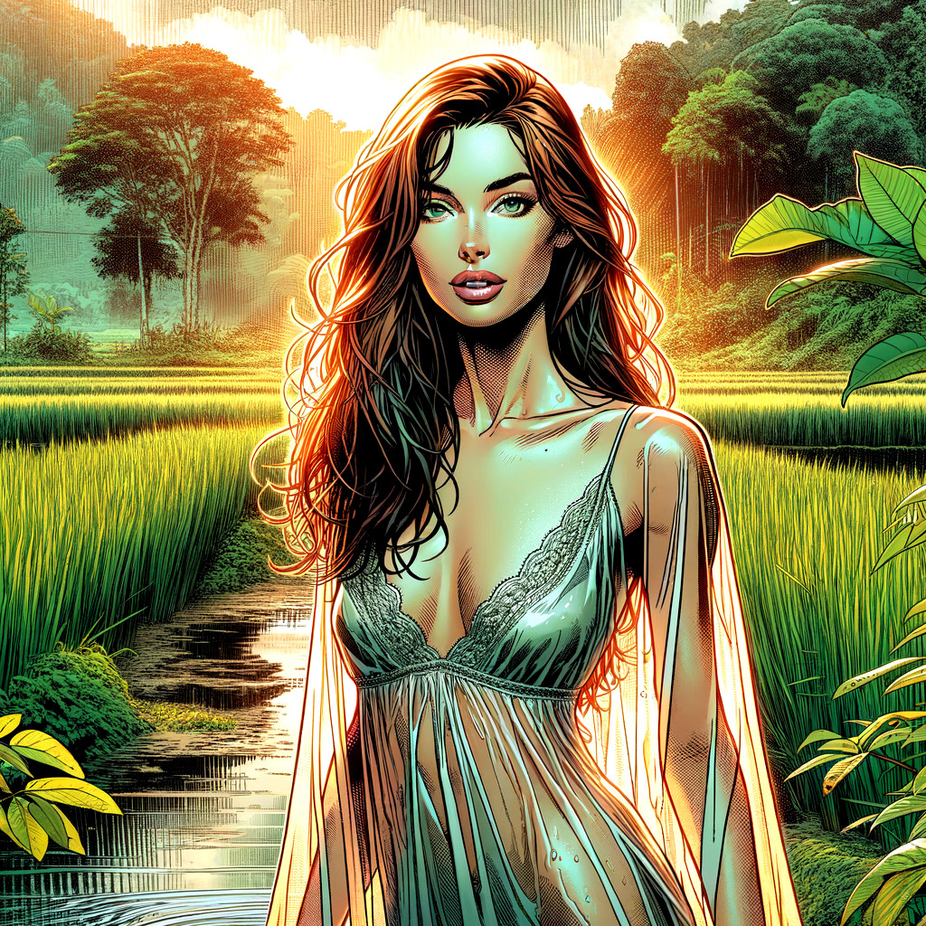 Stunning Woman in Vibrant Landscape with Rice Fields