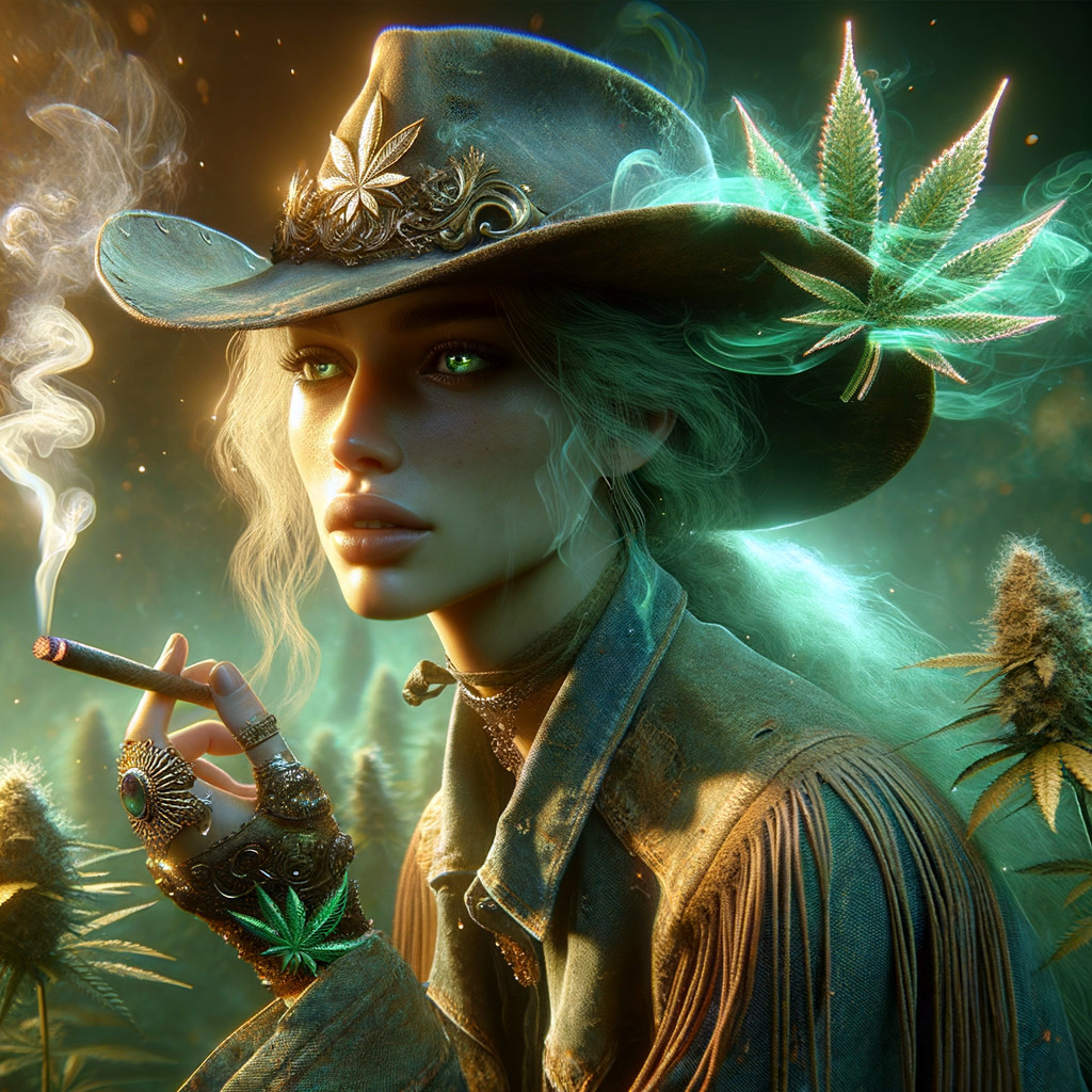 Portrait of a Woman in Cowboy Hat with Cannabis Theme