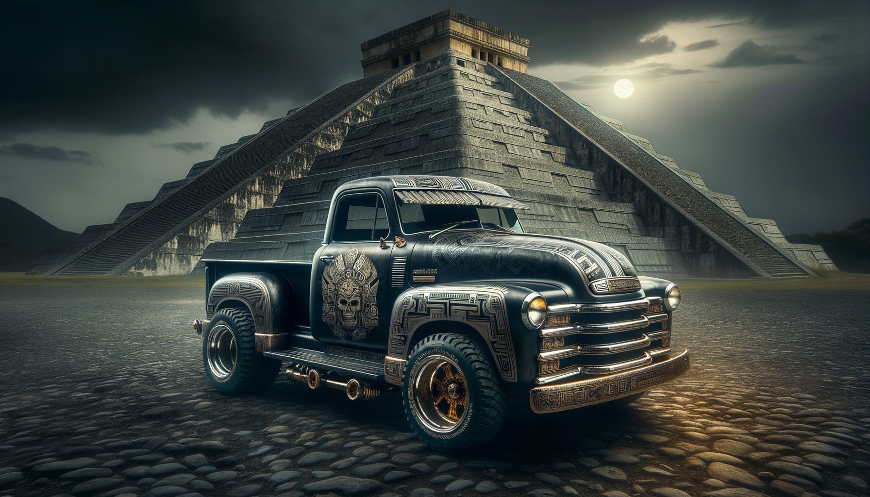 Modified Truck in Front of Ancient Pyramid at Night