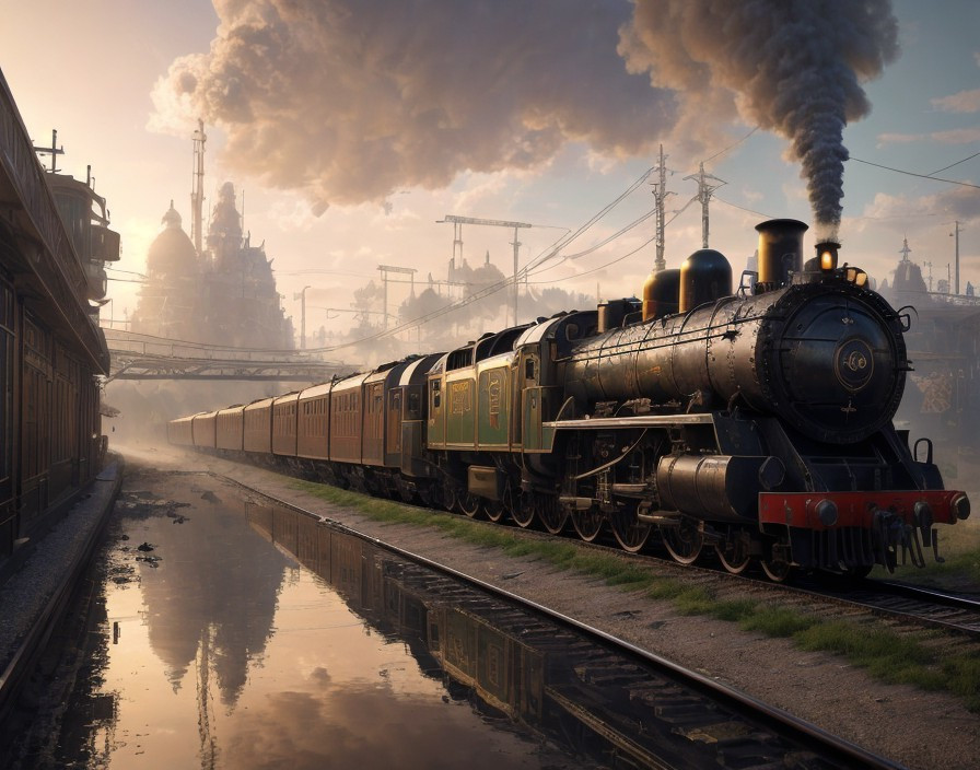 Vintage Steam Locomotive at Dawn with Industrial Scene