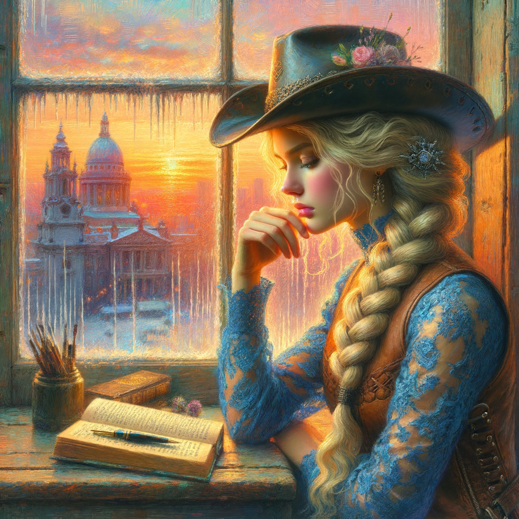 Serene Woman in Cowboy Hat by Frosty Sunset Window