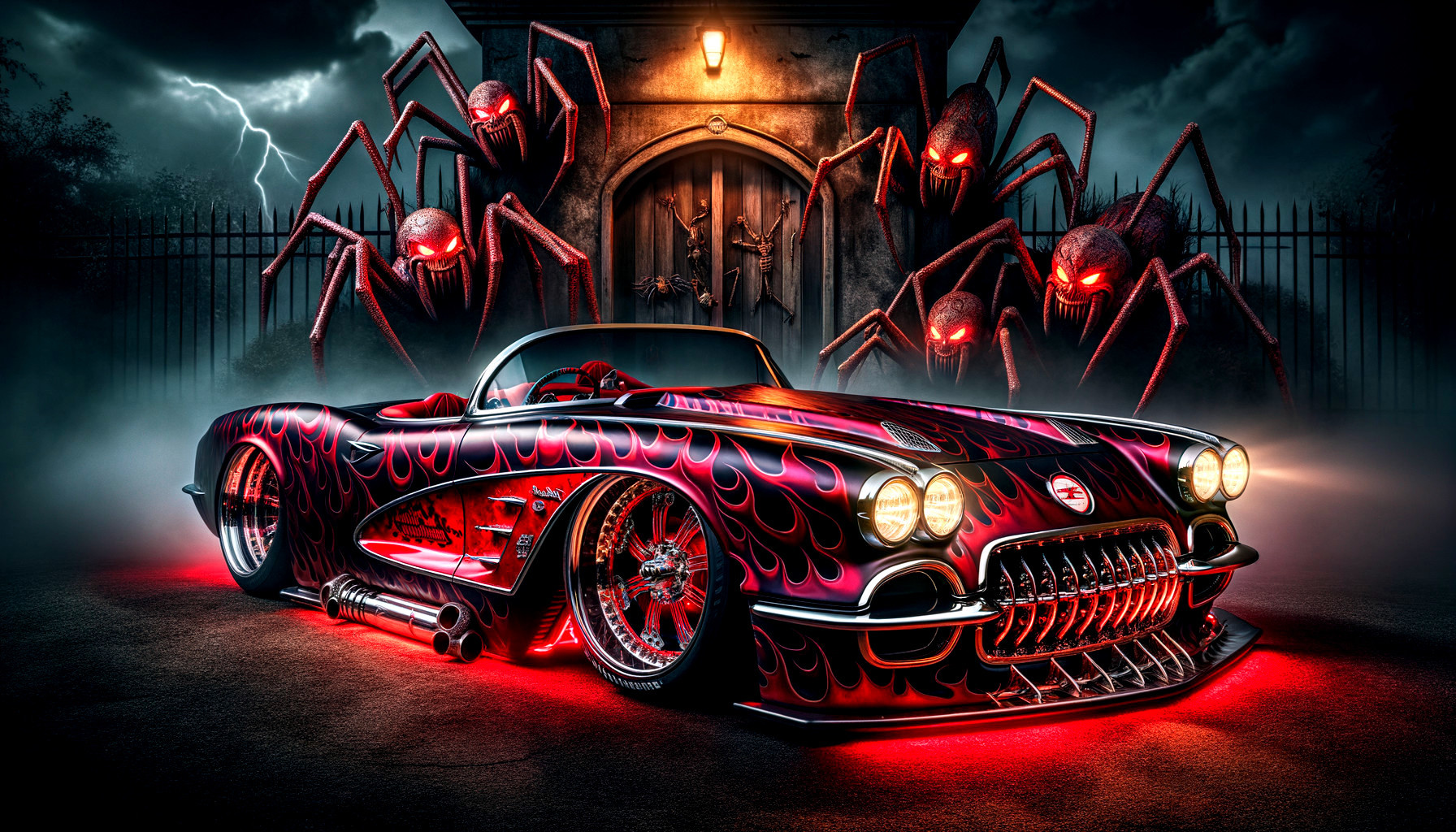 Custom Convertible Sports Car with Spooky Backdrop