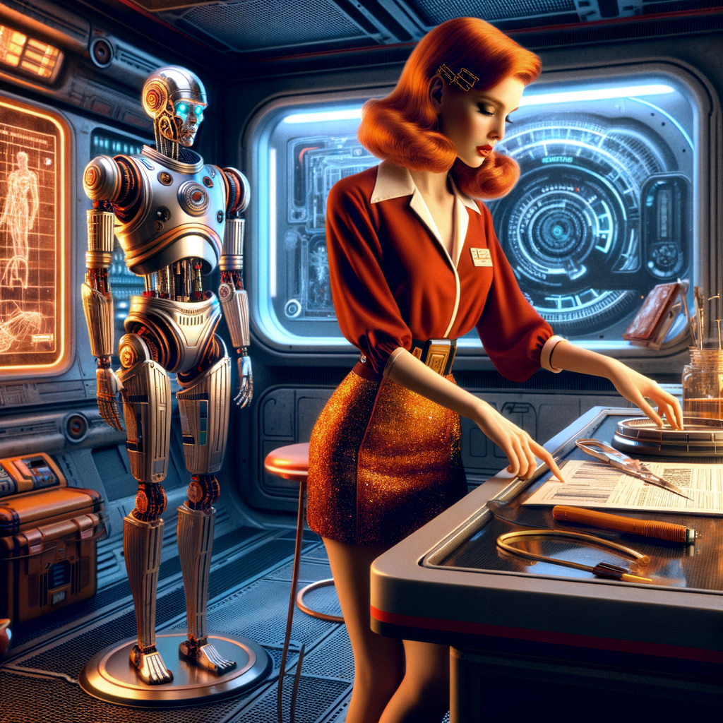 Futuristic Lab with Stylish Woman and Polished Robot
