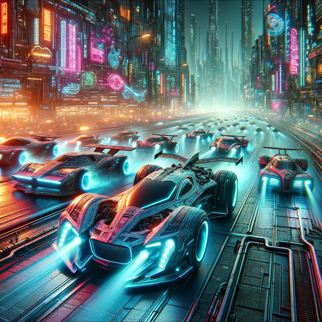 Neon-lit futuristic race cars in cyberpunk cityscape