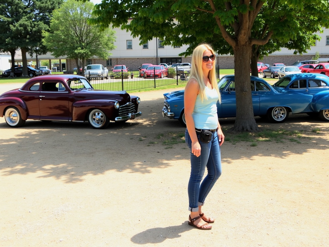 Woman on Gravel Path with Classic Cars and Greenery