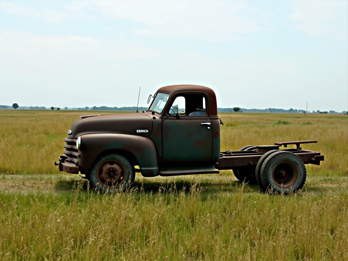 Vintage Rust-Colored Pickup Truck in Grassy Field