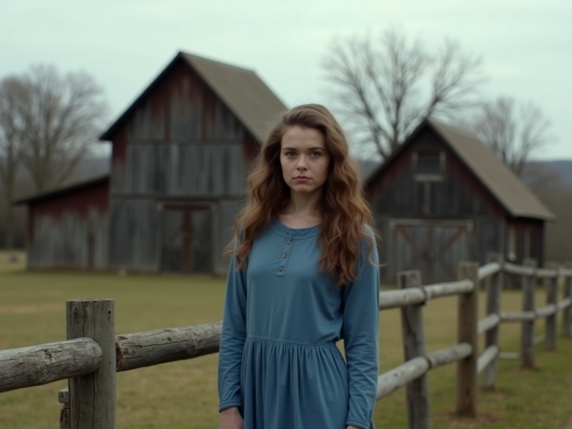 Young Woman in Blue Dress by Rustic Barns and Trees
