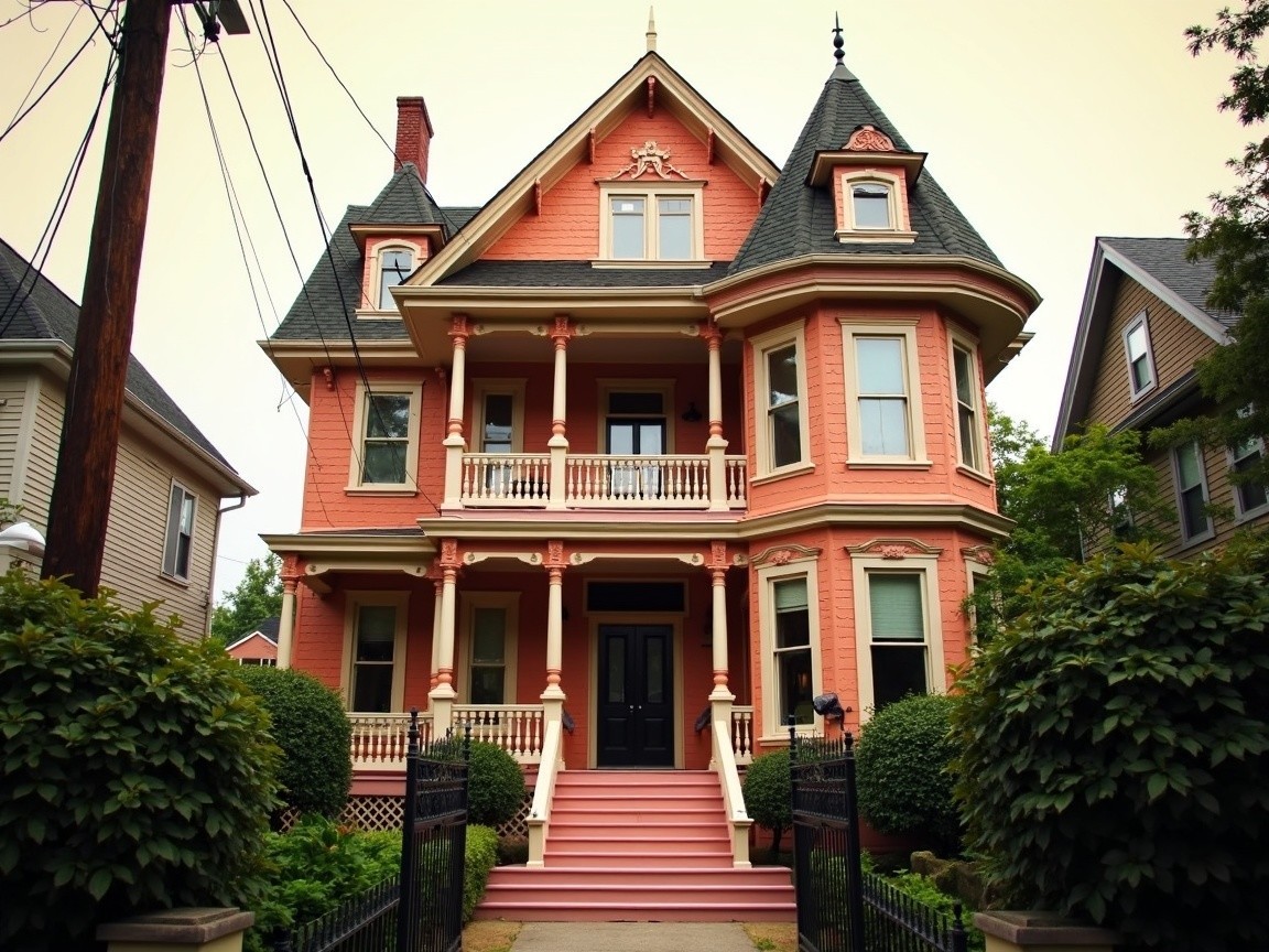 Victorian House with Pink Exterior and Architectural Details