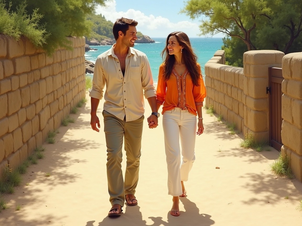 Couple Walking on Sandy Pathway by the Beach