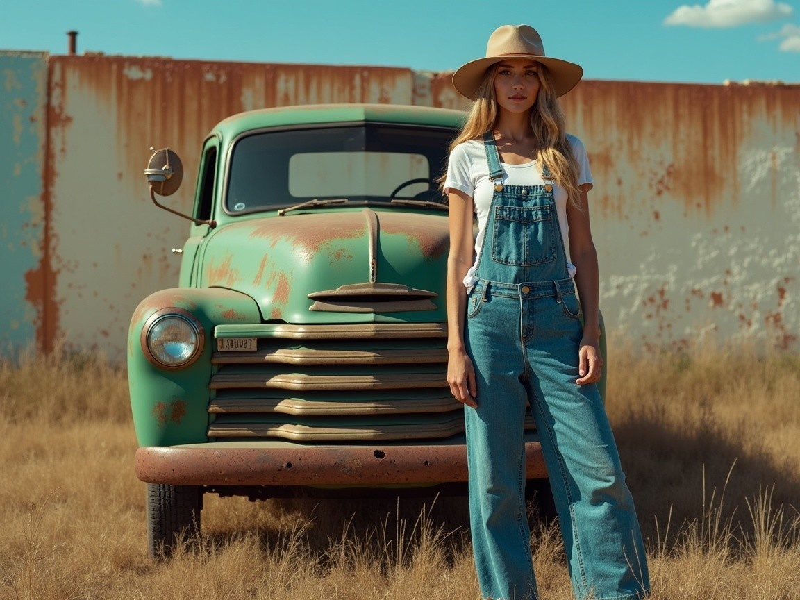 Young Woman by Vintage Green Truck in Nostalgic Setting