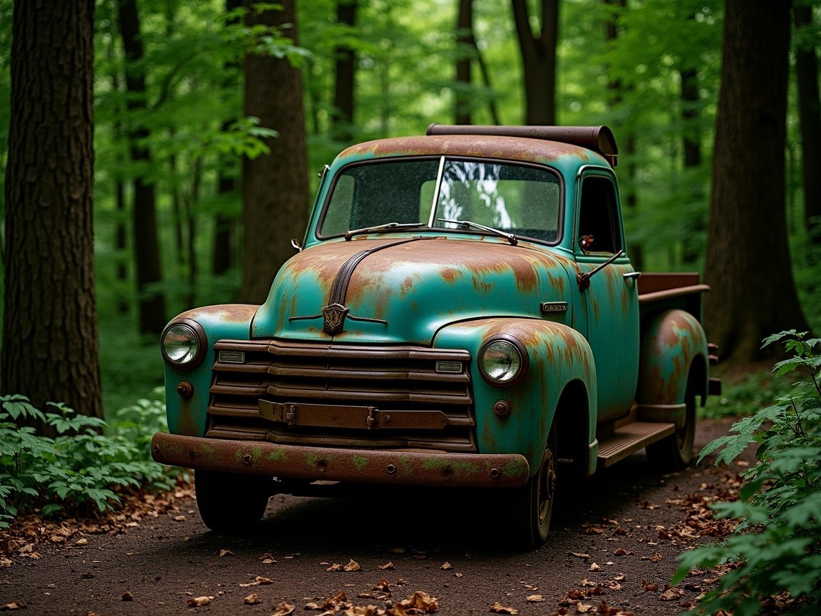 Vintage Turquoise Pickup Truck in Forest Setting