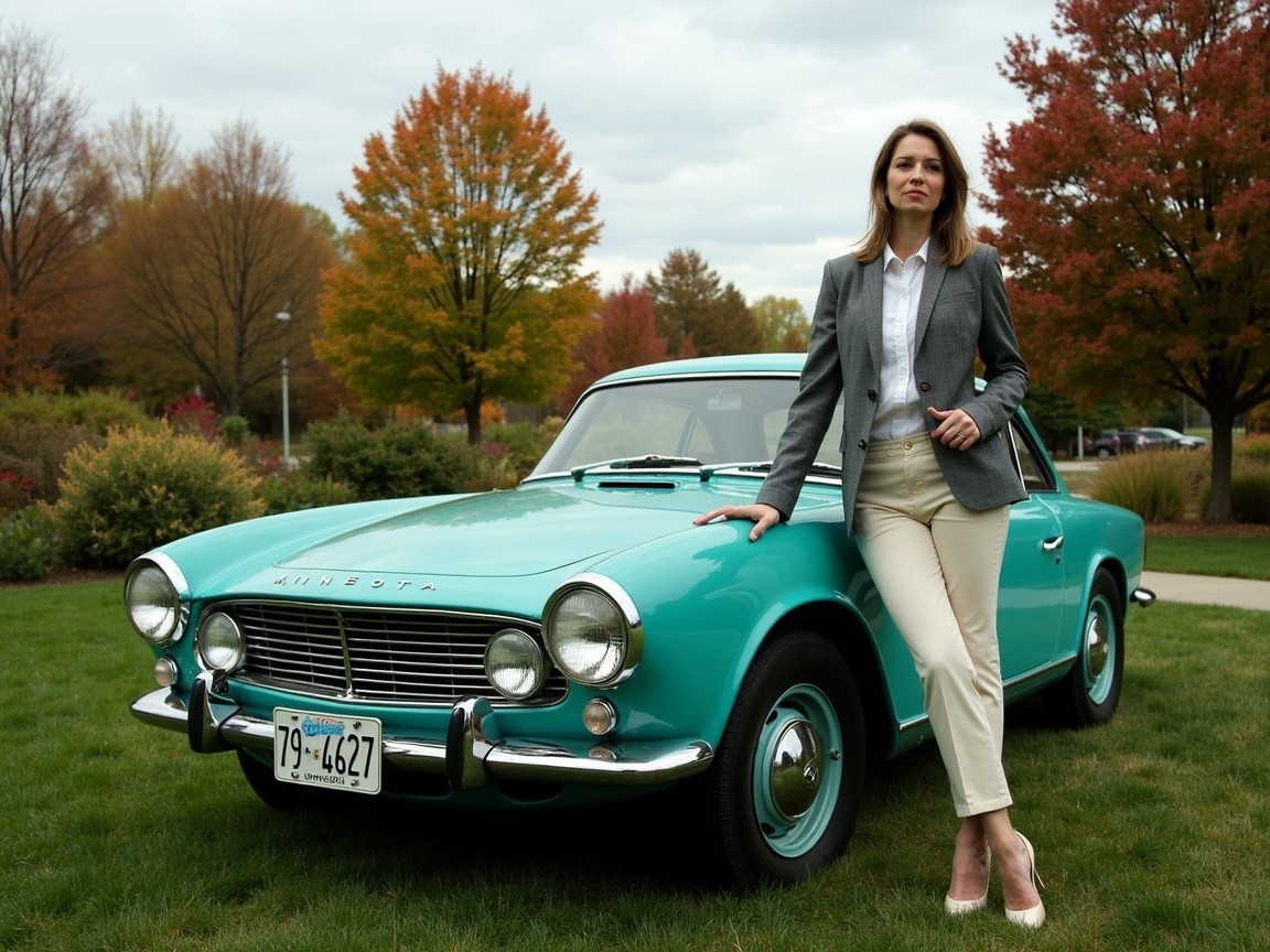 Woman in grey blazer beside vintage turquoise car
