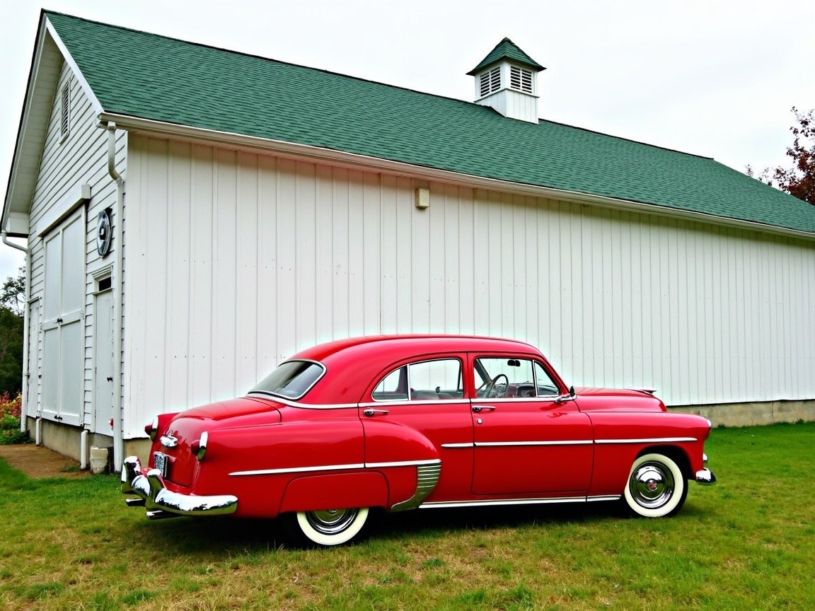 1950s Red Sedan Parked by Barn in Rural Setting