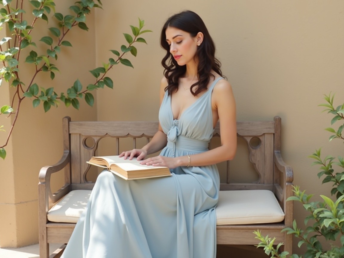 Woman in Light Blue Dress Reading in Greenery