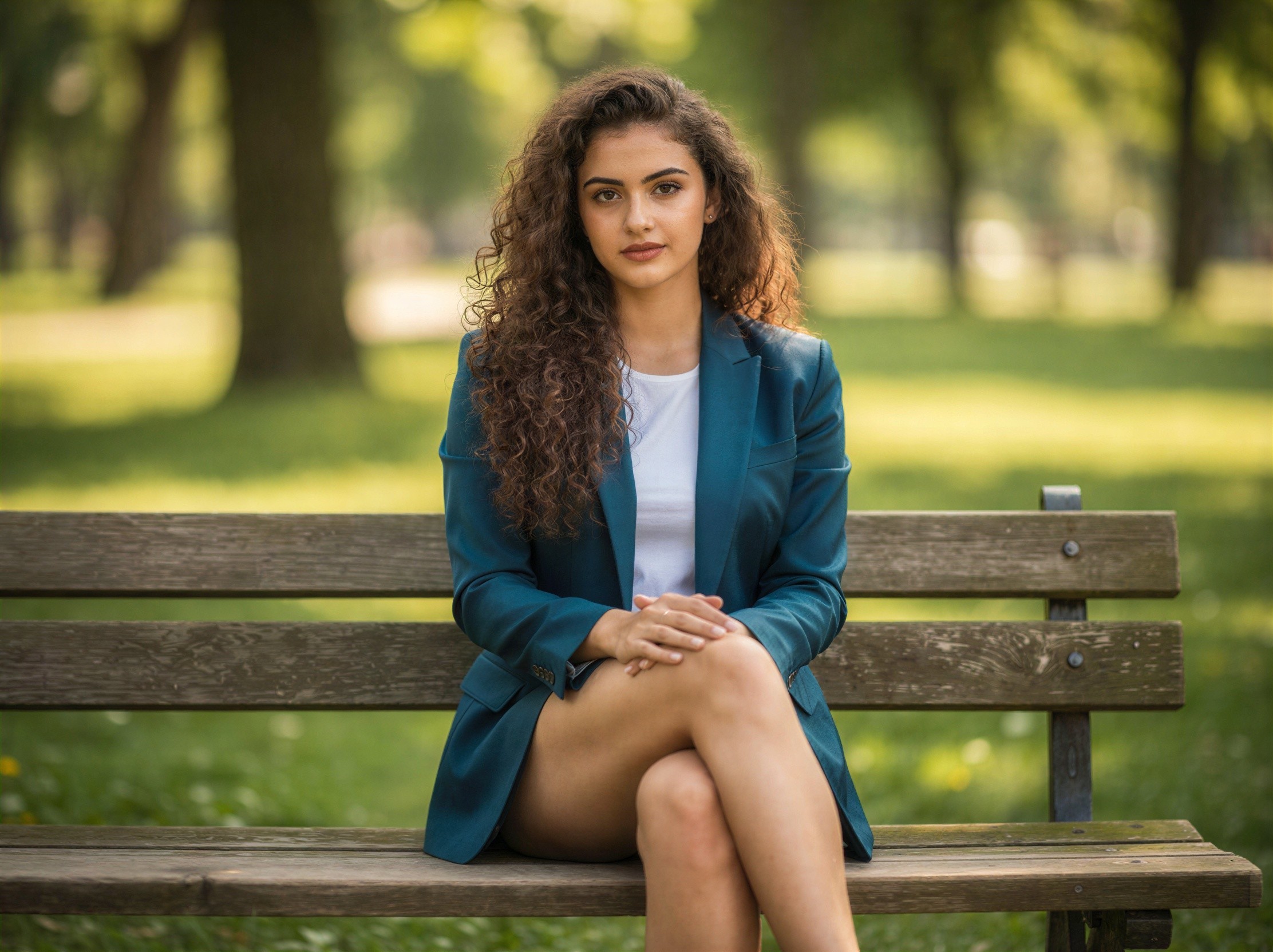 Young woman in teal blazer seated on park bench