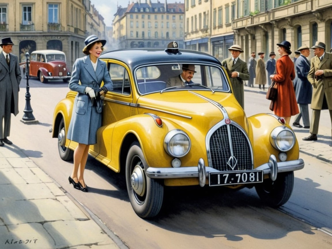 Vintage Street Scene with Stylish Woman and Yellow Cab