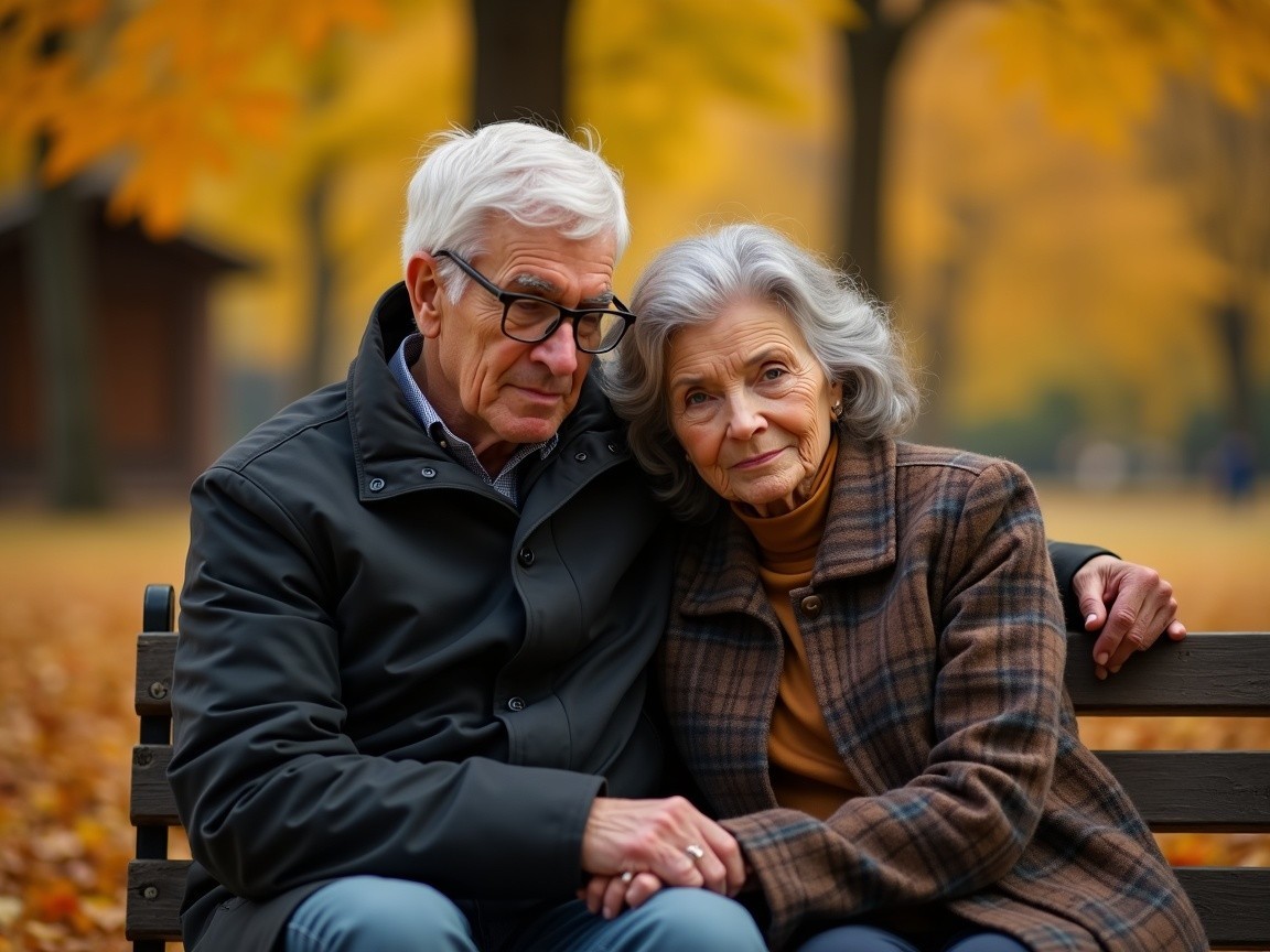 Elderly couple on a park bench in autumn setting