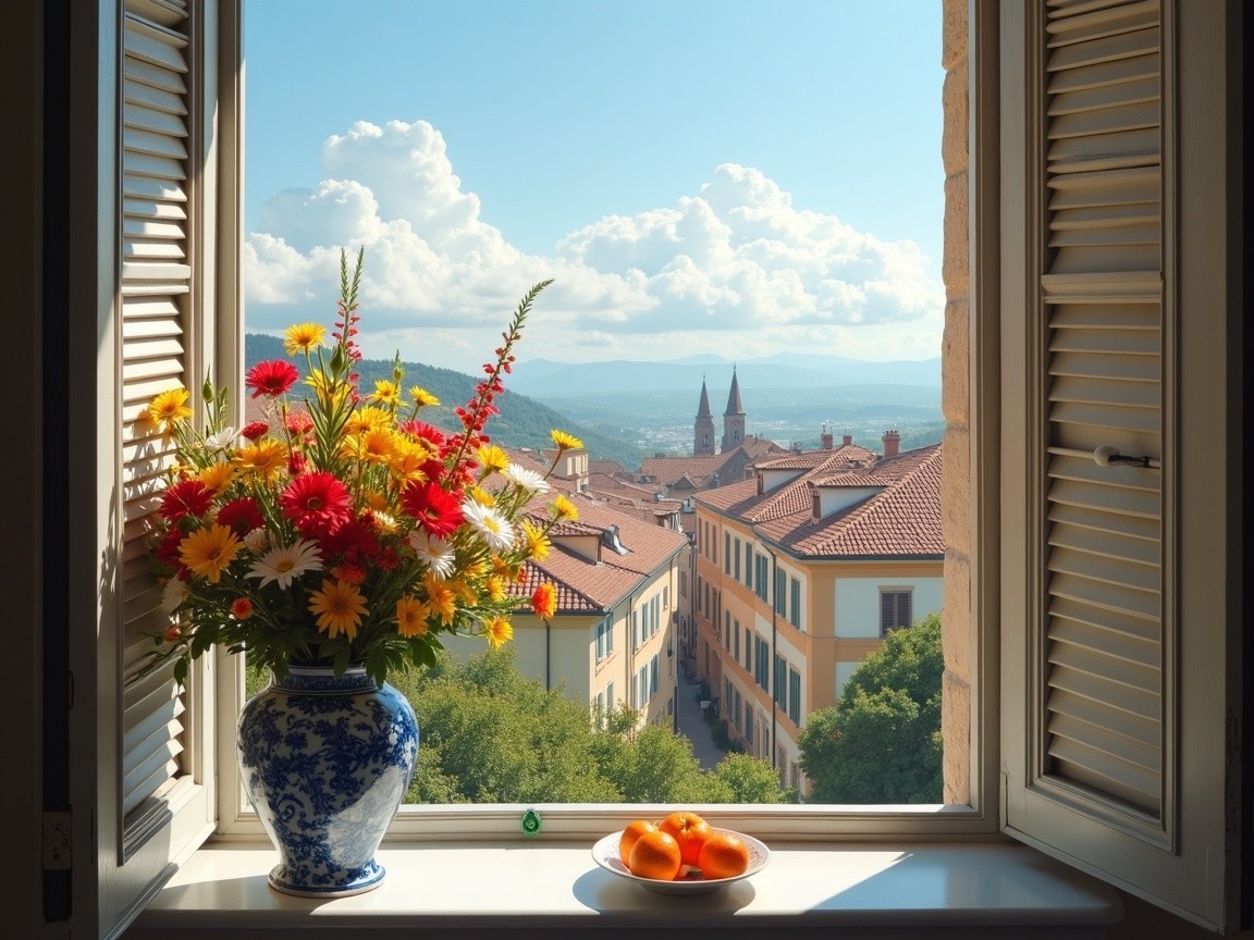 Vibrant Bouquet with Town View and Ripe Oranges
