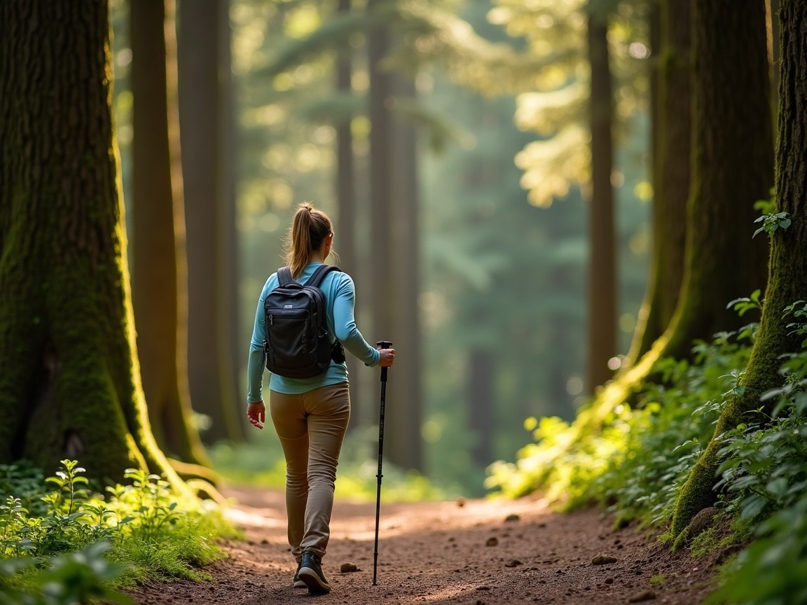Young woman hiking in a lush forest setting