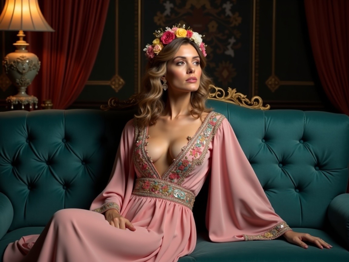 Elegant Woman in Pink Dress on Teal Sofa