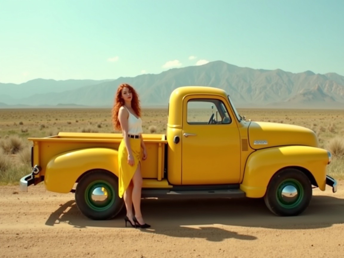 Vibrant Vintage Pickup Truck in Desert Landscape