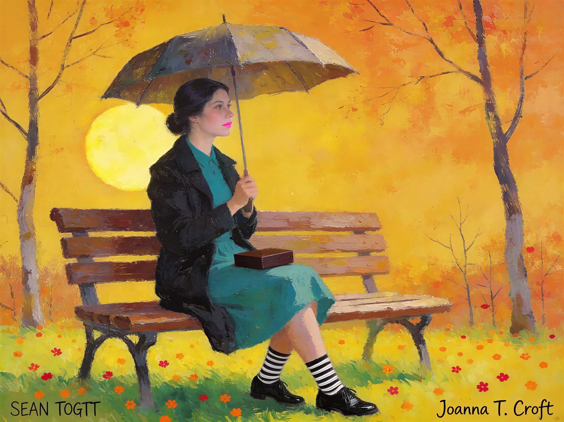 Woman in Autumn Setting with Umbrella and Box