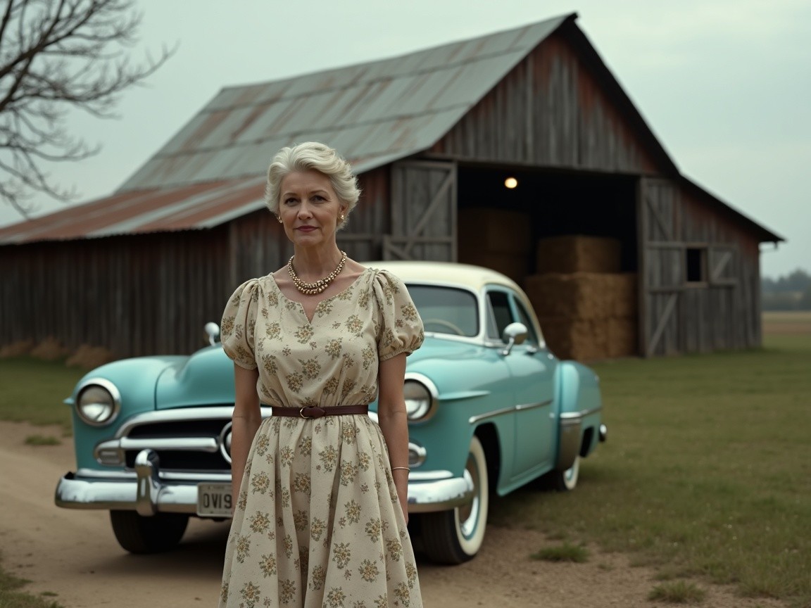 Woman in Floral Dress by Vintage Blue Car in Barn
