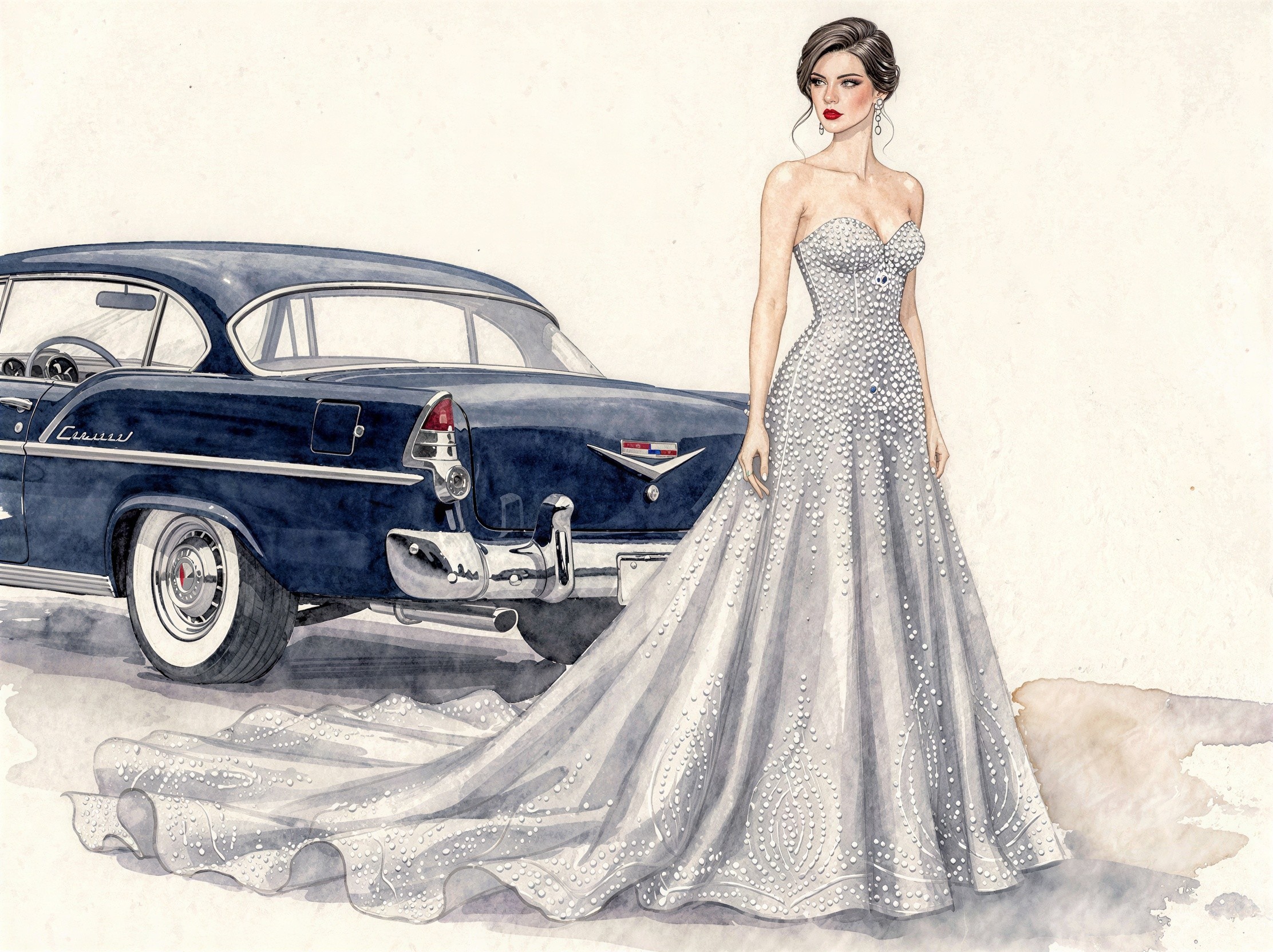 Elegant Woman in Strapless Evening Gown by Vintage Car