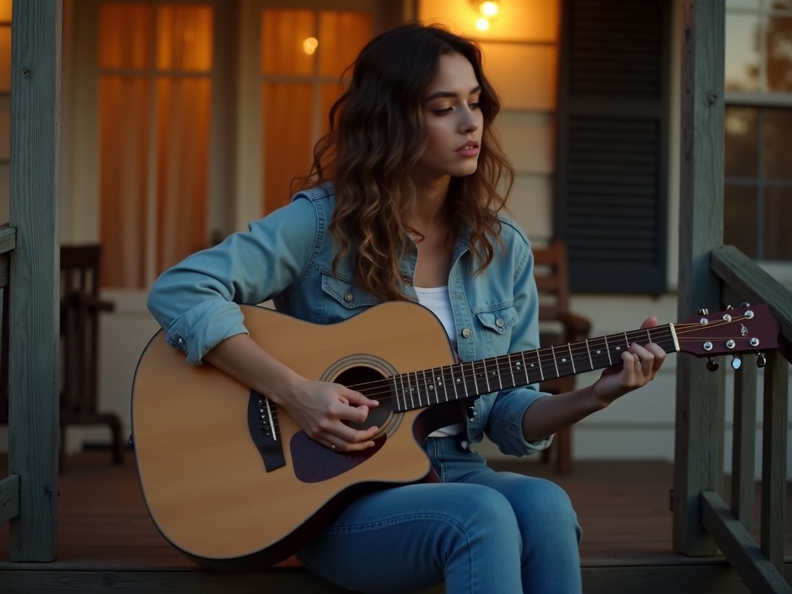 Young Woman Playing Acoustic Guitar on a Porch