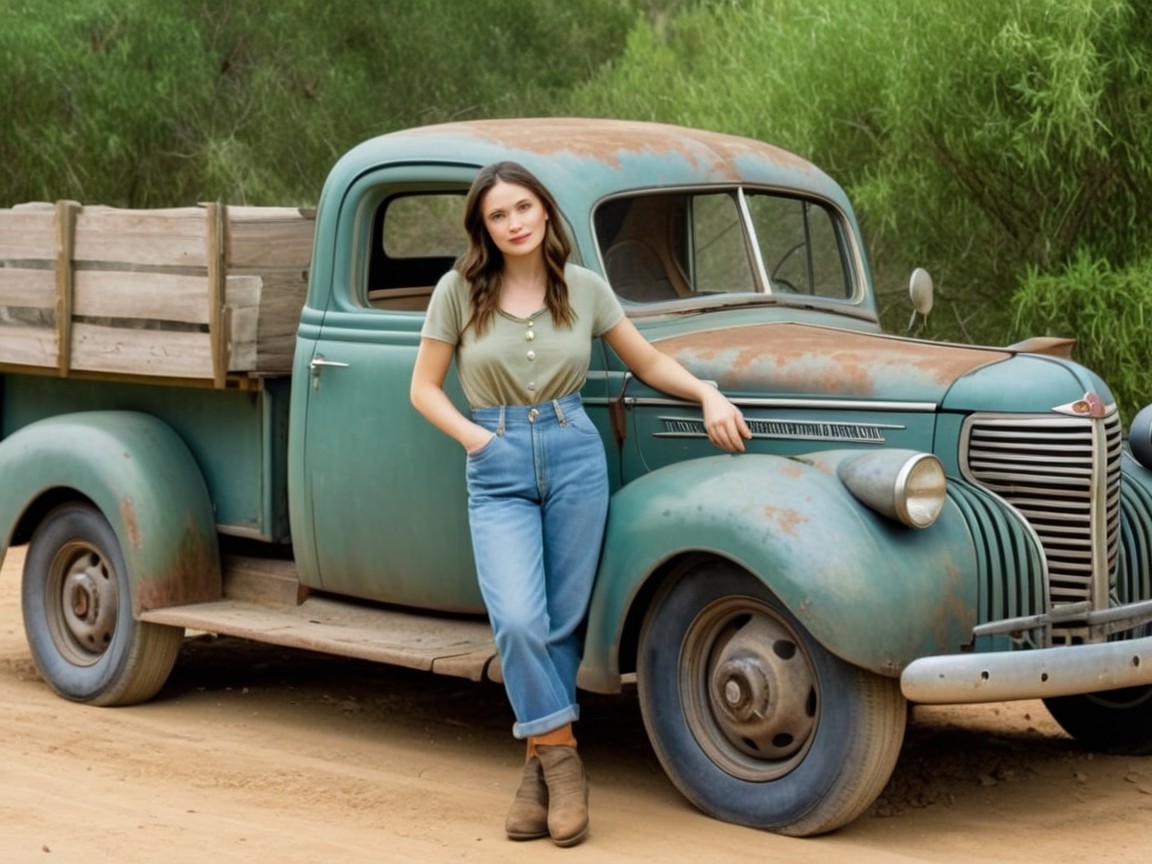 Young Woman by Vintage Turquoise Pickup Truck