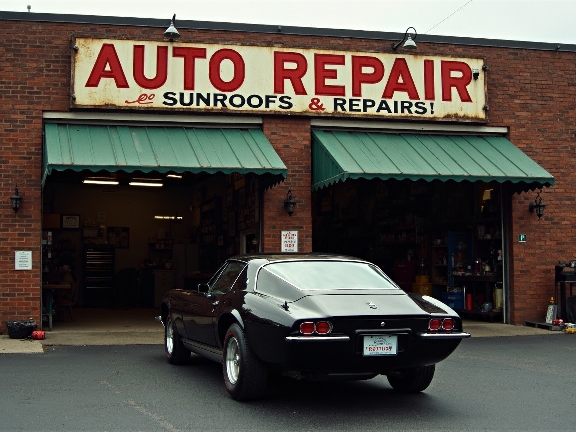 Vintage Black Sports Car at Auto Repair Shop