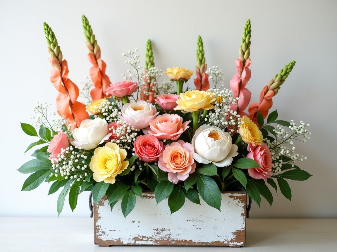 Pastel Floral Arrangement in Rustic Wooden Box