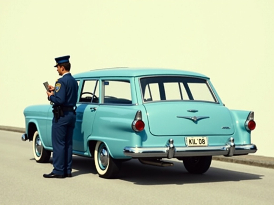Vintage Blue Station Wagon with Police Officer Nearby