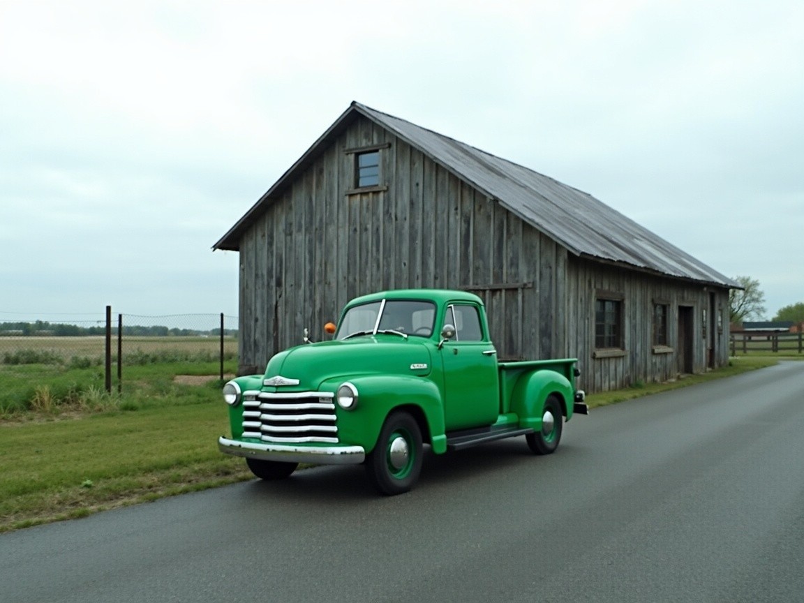 Vintage green pickup truck near rustic barn on road