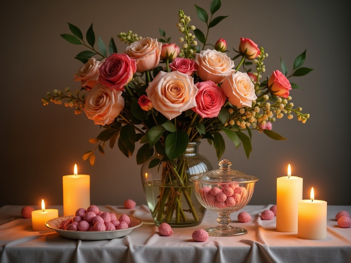 Elegant Rose Arrangement with Candles and Treats