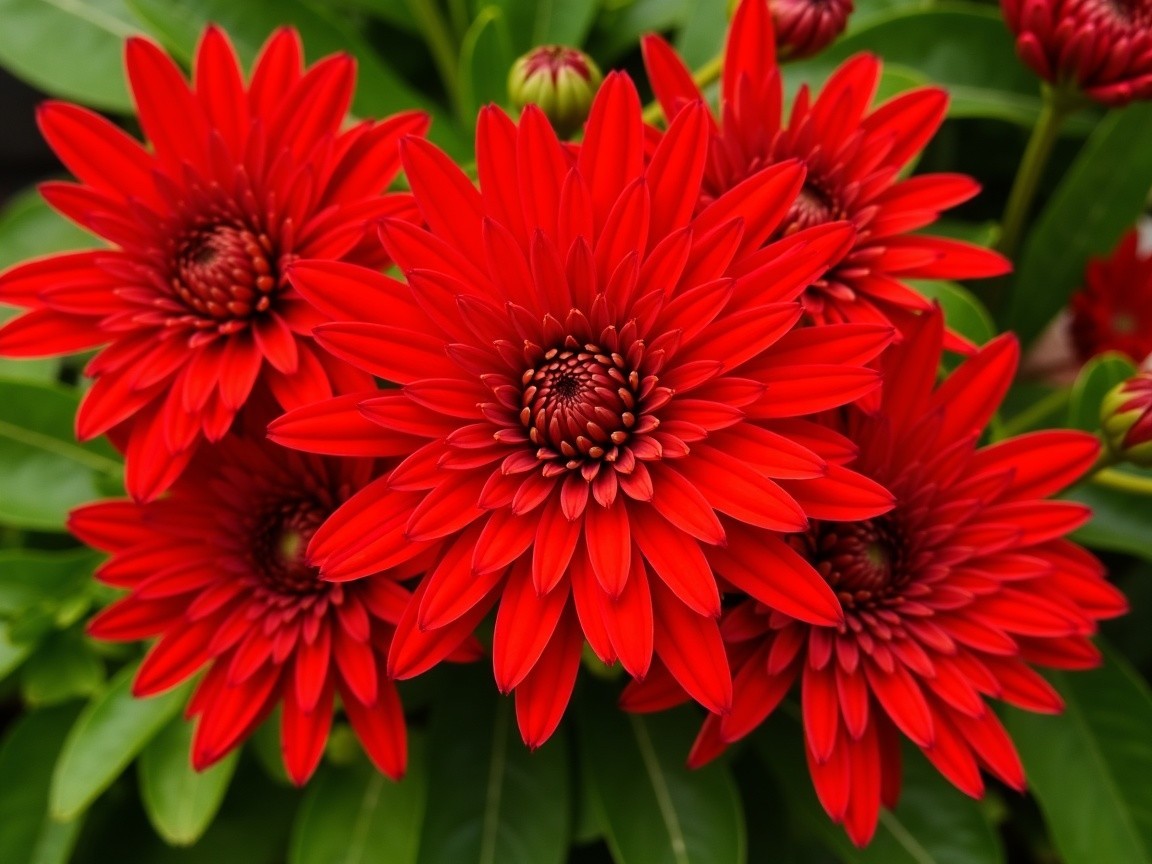 Vibrant Red Flowers with Elongated Petals and Green Leaves