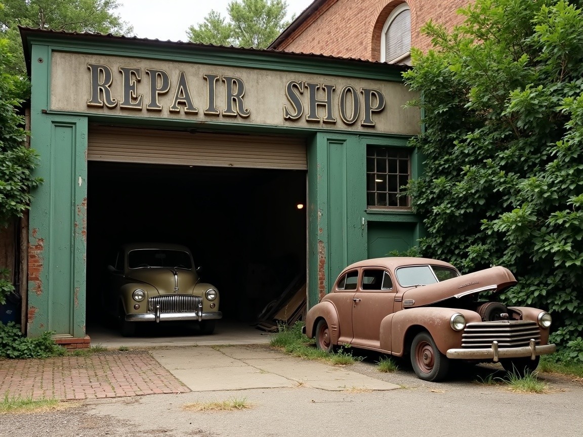 Nostalgic Repair Shop with Vintage Cars and Greenery