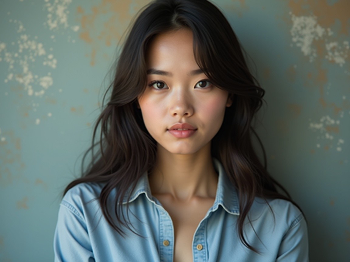 Young woman in denim shirt against blue wall