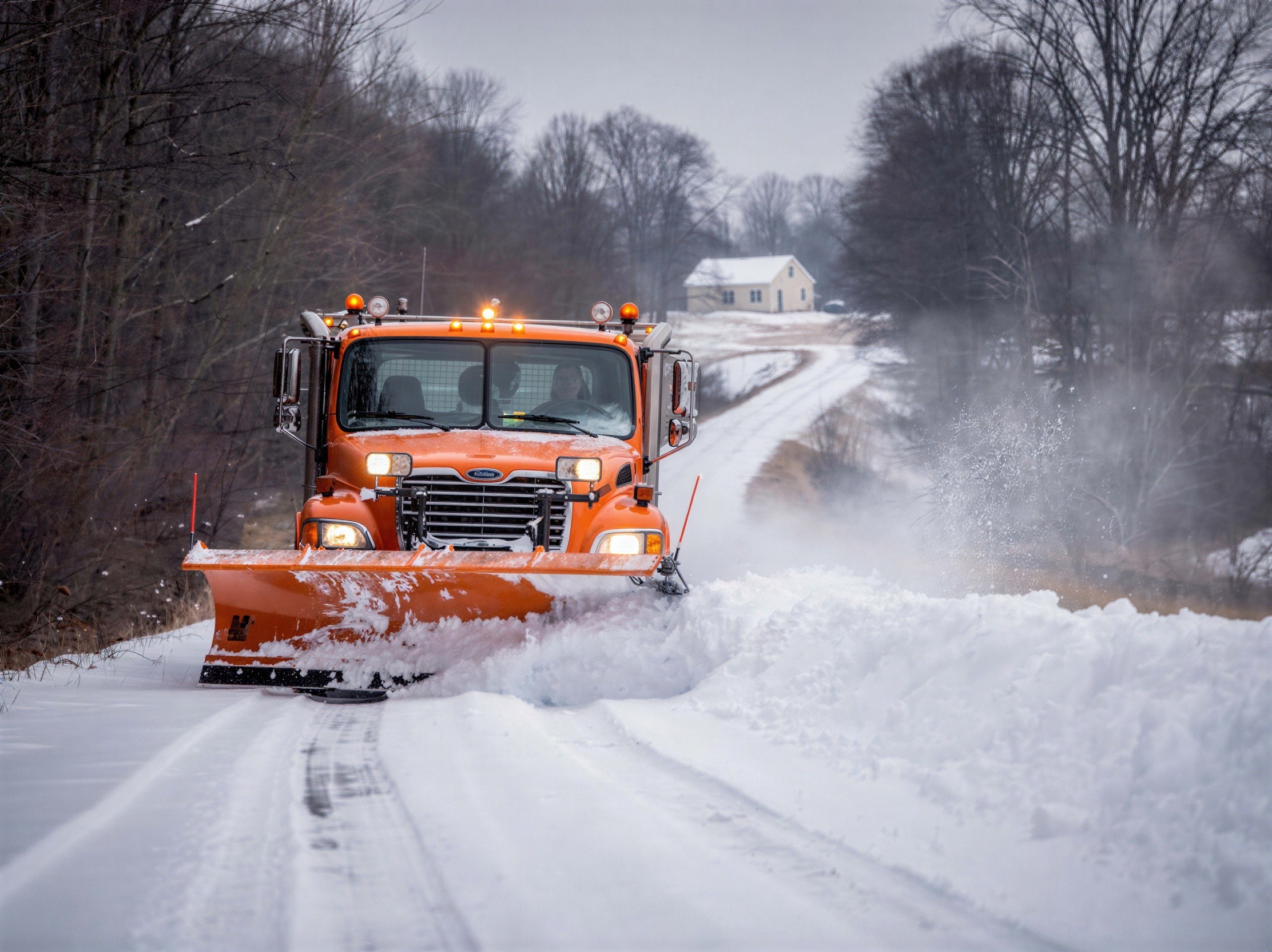 Close-up of an orange snowplow truck clearing snow