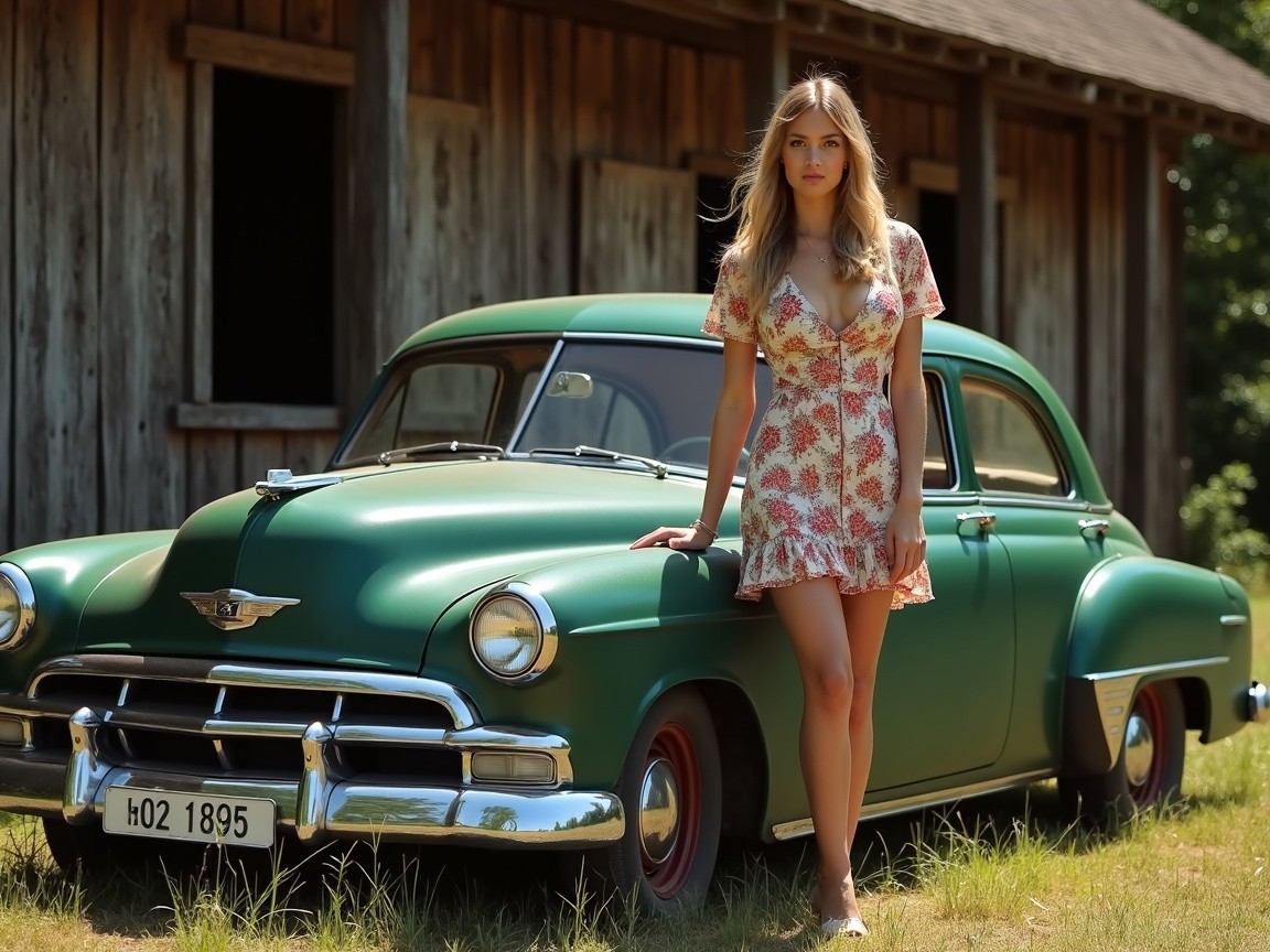 Young Woman in Floral Dress by Vintage Green Car
